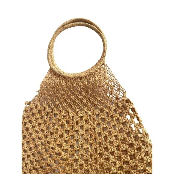 MANGO Shopper Bag Crochet Mesh Net Braided Jute Tote XL Handbag Brown Ltd Editio - Picture 7 of 14